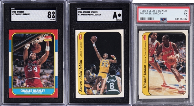 1986/87 Fleer Basketball Hall of Famers Graded Cards Trio (3 Different) – Including #8 Michael Jordan Sticker Rookie Card Example